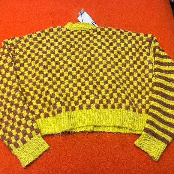Zara yellow and brown checks stripes touch of wool jacquard knit cardigan NWT - Picture 9 of 11